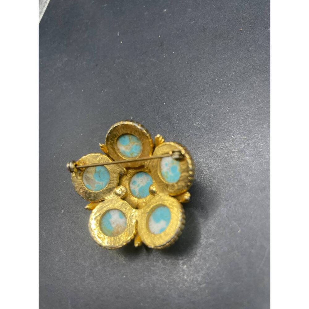 Vintage Cathe Gold Tone Faux Turquoise Cabochon Flower Brooch Pin USA Made - Picture 9 of 11